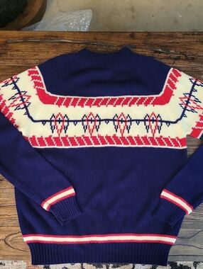 Vintage Navy Fair Isle Knit Sweater with Red & Cream Accents From Wards Large